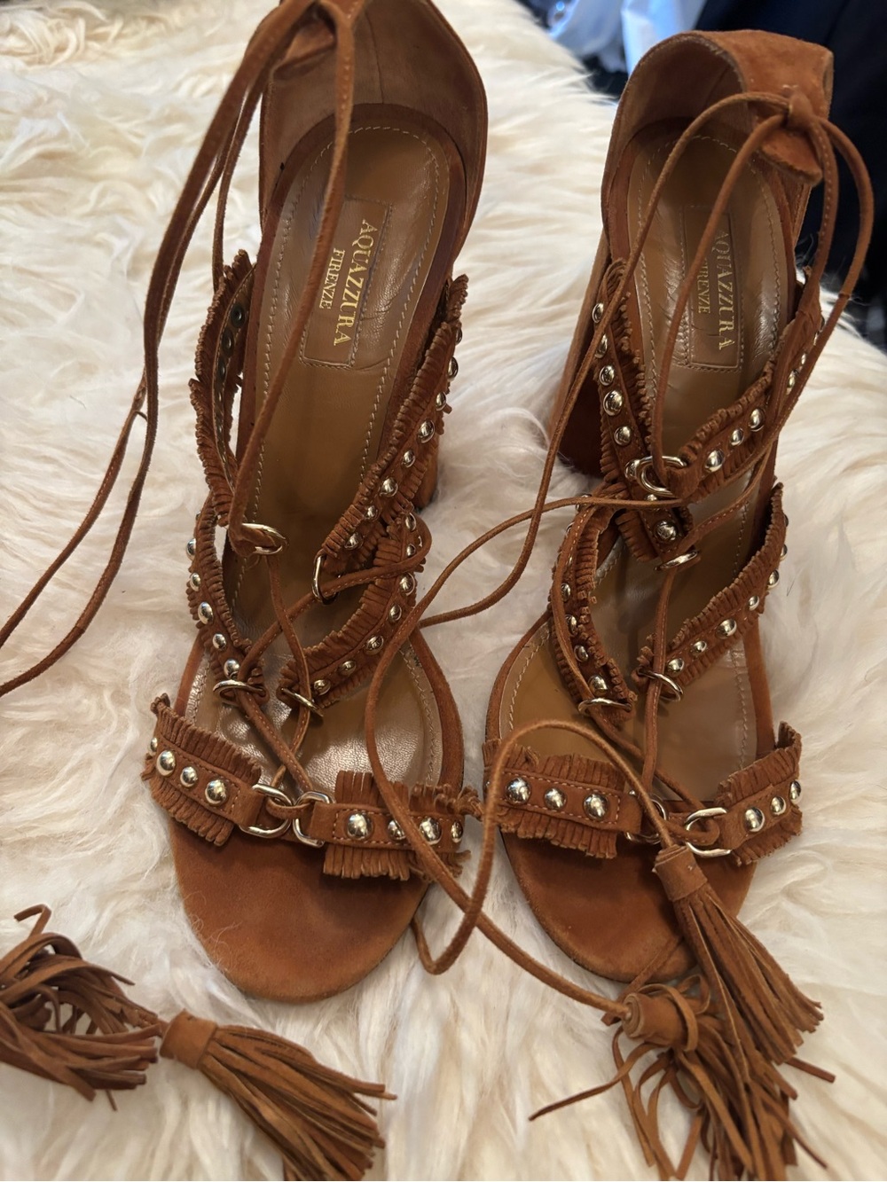 AQUAZZURA Tulum Brown Suede Fringe Lace-Up Sandals size 38 1/2 - Picture 8 of 8
